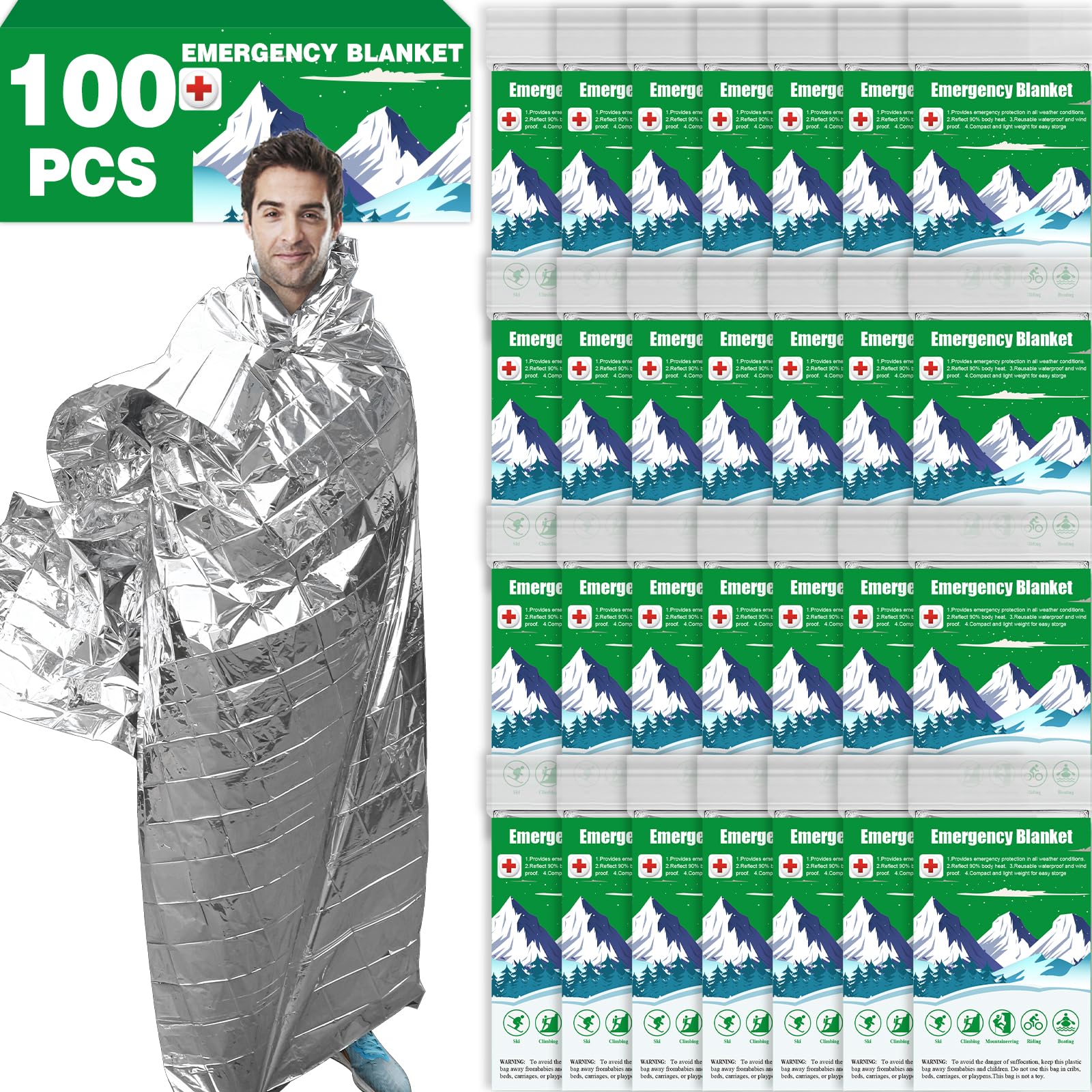 CXYARY 100 Pack Emergency Mylar Blanket Supplies, Emergency Thermal Blanket Space Rescue Insulating Reflective Silver Foil Survival Gear Camping for Outdoors, Hiking, Camping Survival