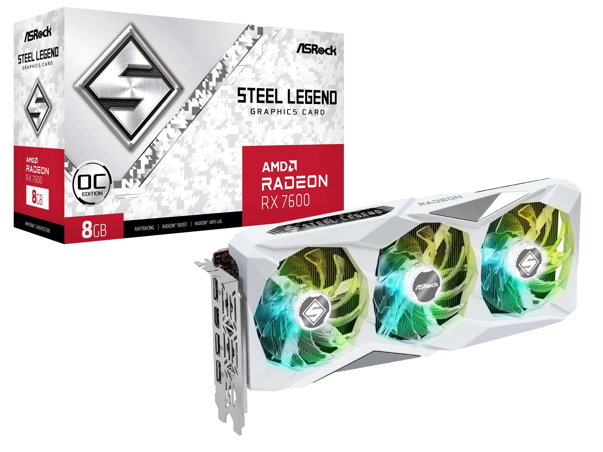 ASRock AMD Radeon RX 7600 Steel Legend 8GB OC GDDR6 128-bit 0dB Silent Cooling Graphics Card DisplayPort 7680 x 4320 HDMI 18 Gbps 3 Fans PCI Express 4