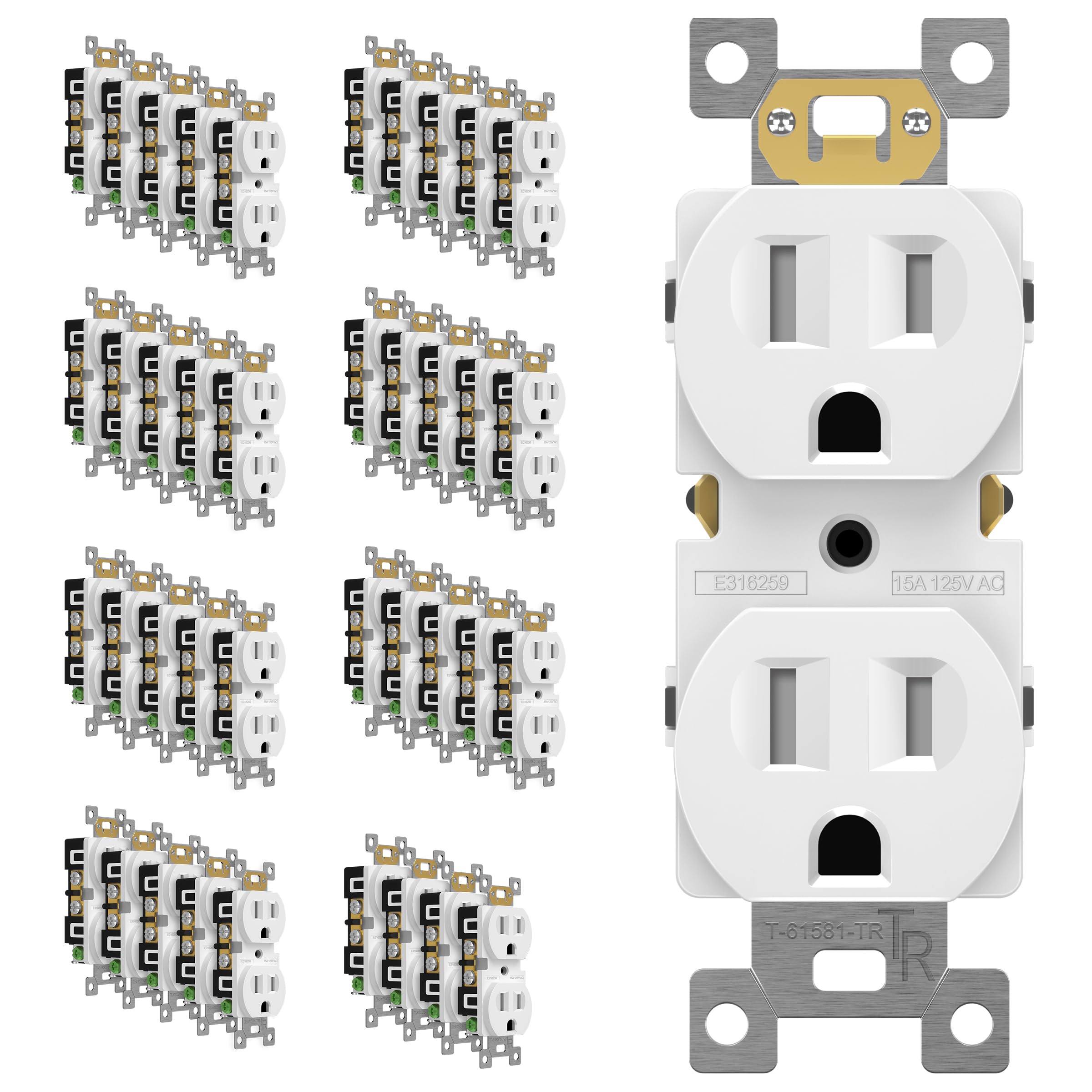 ENERLITES Duplex Receptacle Outlet, Tamper-Resistant Electrical Wall Outlets, Residential Grade, 3-Wire, Self-Grounding, 2-Pole,15A 125V, UL Listed, 61581-TR-W-40PCS, White (40 Pack)