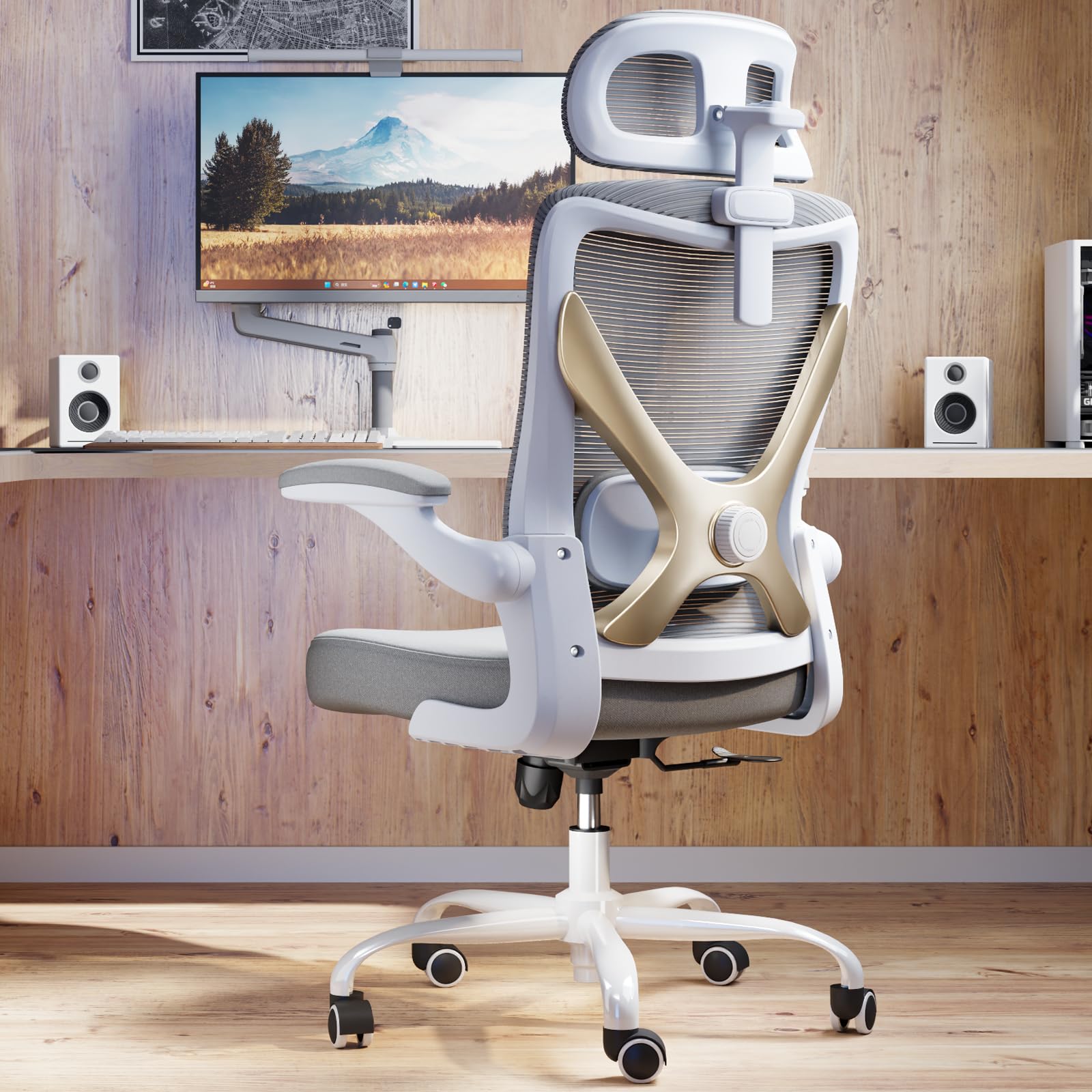 Ergalithic Ergonomic Office Chair - X-Shaped Computer Desk Chair Comfy, Gaming Chair, Office Chair with Lumbar Support, Mesh Office Chairs with Headrests, Desk Chair for Long Hours (Grey Gold)