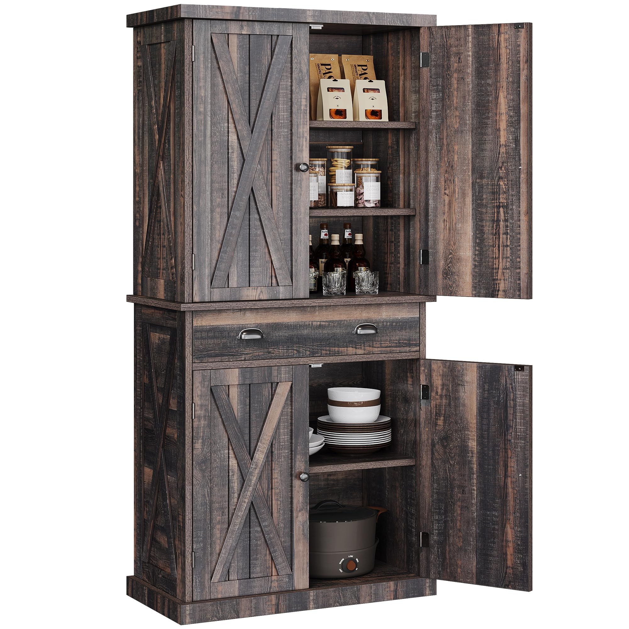 YITAHOME 72'' Farmhouse Kitchen Pantry, Wood Storage Cabinets with Drawer and Adjustable Shelves, Kitchen Versatile Storage for Kitchen, Dining Room, Living Room, Dark Rustic Oak