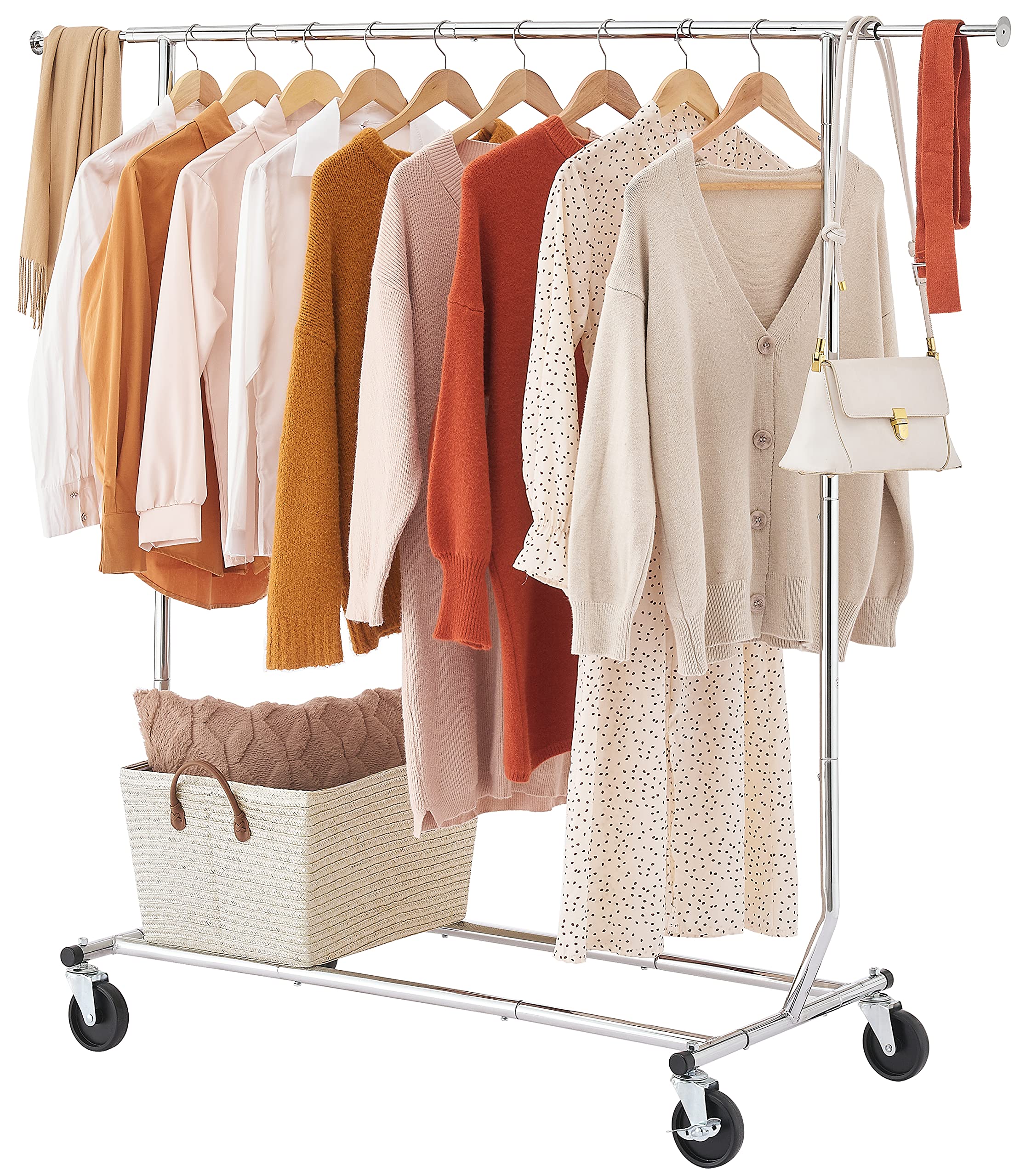 Tajsoon Clothing Rack Heavy Duty Clothes Rack Foldable Garment Rack with Wheels and Extendable Rod, Collapsible Clothing Rack Max Capacity 250lbs, Industrial Rolling Rack with Bottom Shelf, Chrome