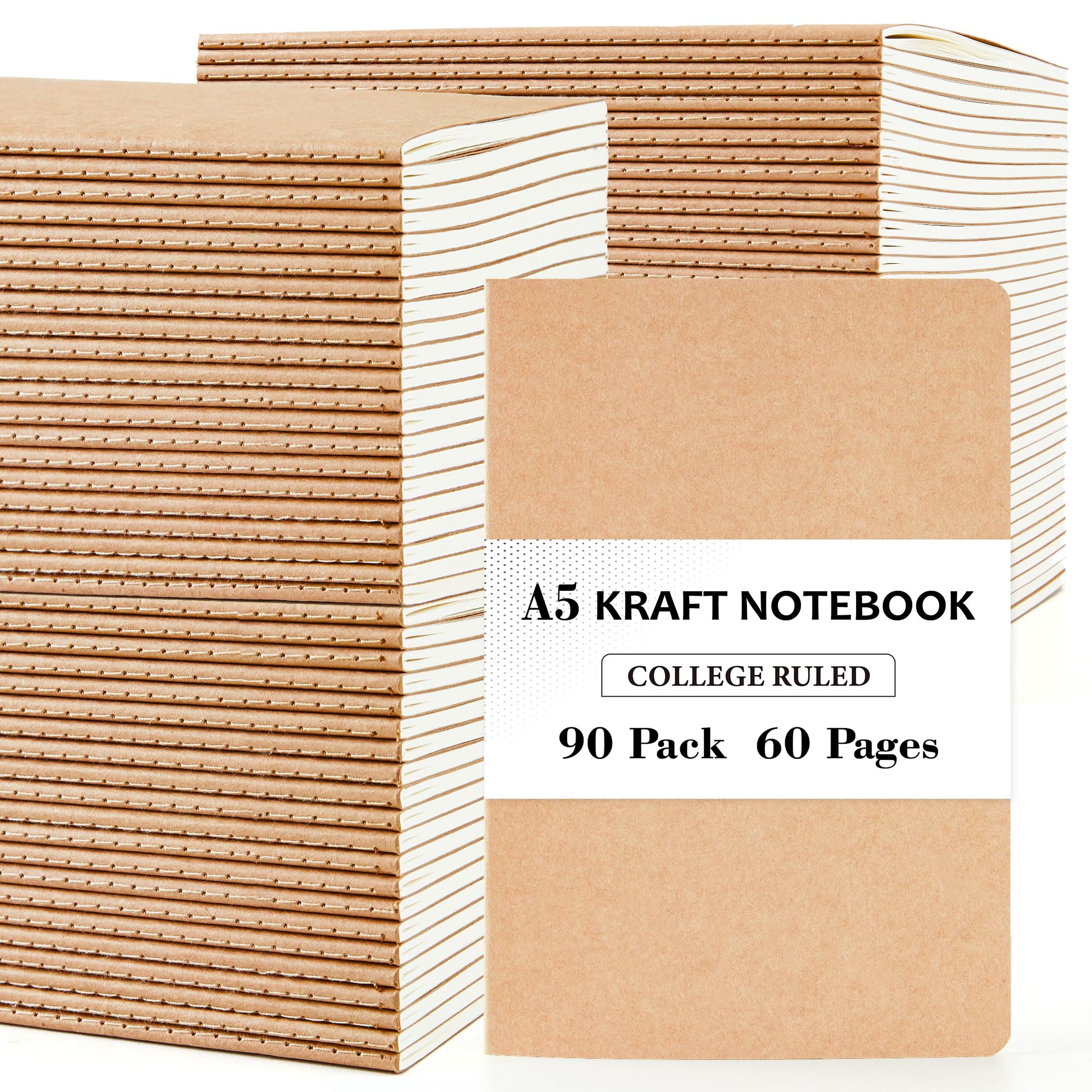 feela 90 Pack Kraft Notebooks Bulk, Lined Travel Journals Note Pad Notebooks for Men Women Girls Students, Making Plans Writing Memos Office School Supplies, A5, 60 Pages, 8.3” X 5.5”
