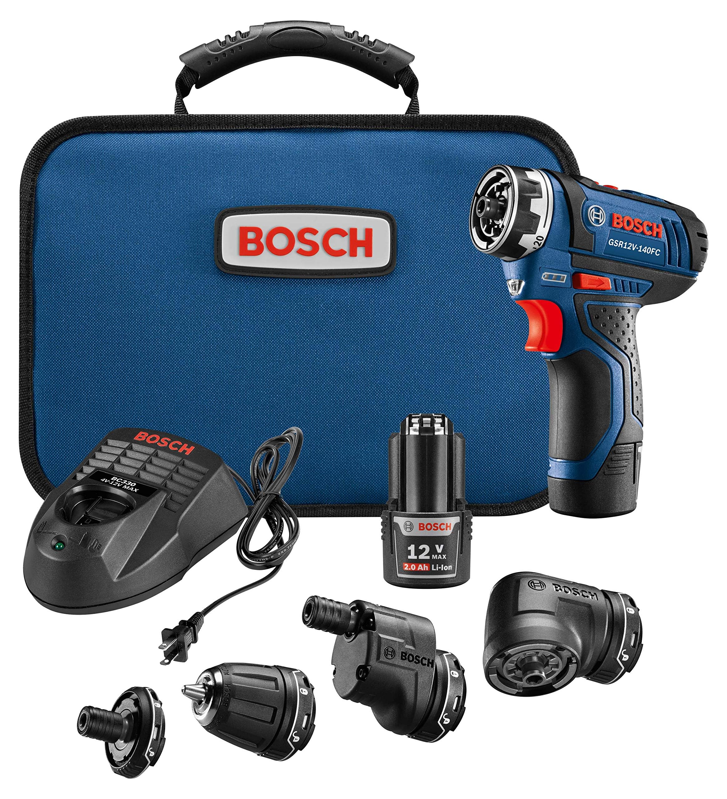 BOSCH GSR12V-140FCB22 12V Drill/Driver 5-In-1 Flexiclick System - Torque, Lightweight, Magnetic Bit Holder, Keyless Chuck, Right Angle & Offset Attachments. Includes 2.0 Ah Batteries & Charger