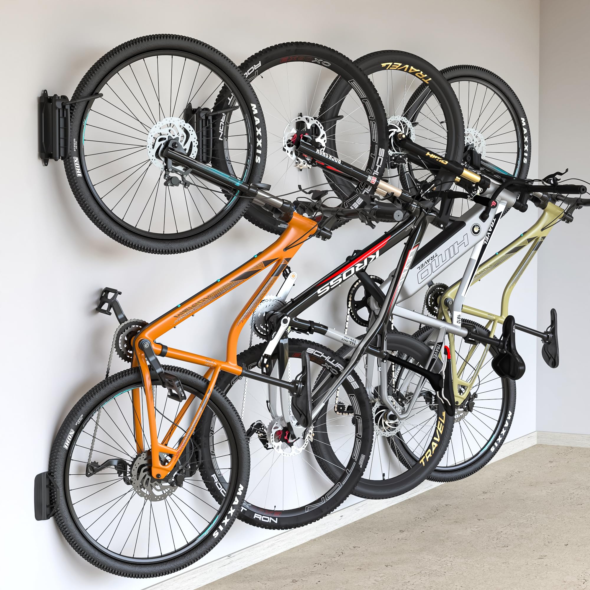 monTEK Swivel Bike Wall Mount, Bike Hangers for Garage, Space-Saving Vertical Bike Rack, Sturdy Bike Storage Rack Holds Up to 66lbs, Easy to Install, 4 Pack