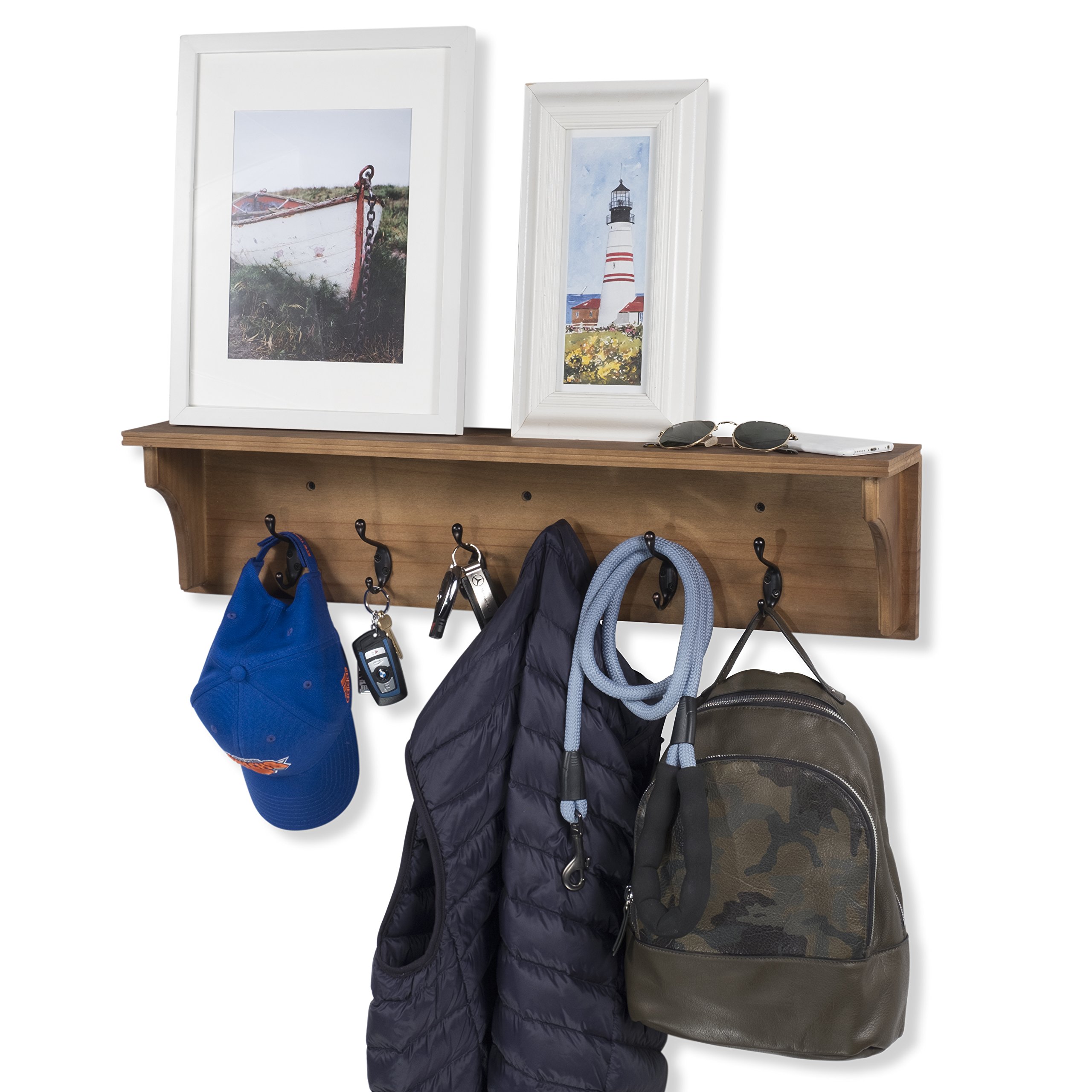 brightmaison Mante Entryway Organizer with Key Holder and Coat Rack, 6 Hooks For Hanging Face Masks, 30" Wood Walnut