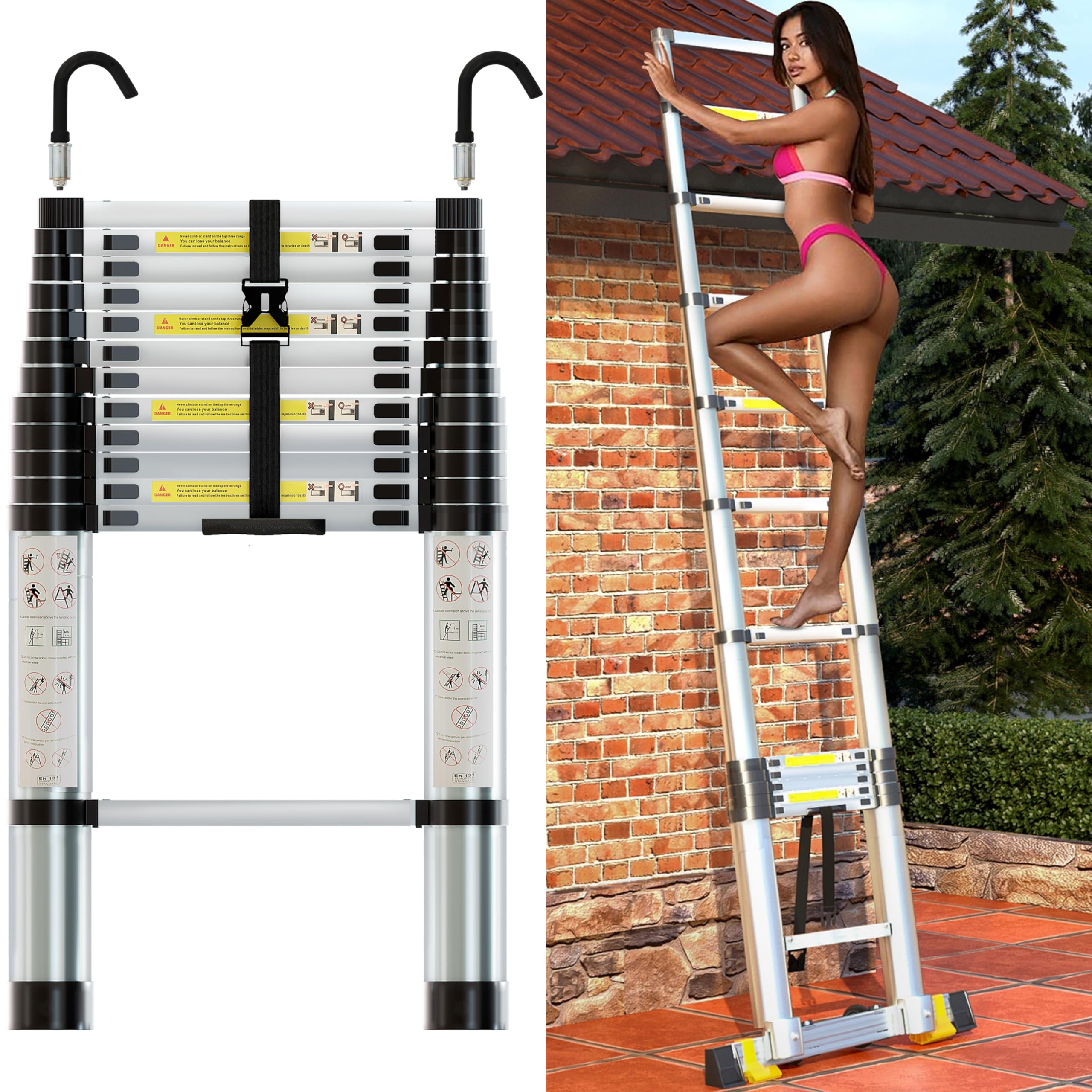 Folding Telescoping Ladder 12.5 FT, Aluminum Extendable Ladder with 2 Detachable Hooks, Retractable Telescopic Extension Ladder for Indoor Or Outdoor, Lightweight Collapsible Telescoping Ladders
